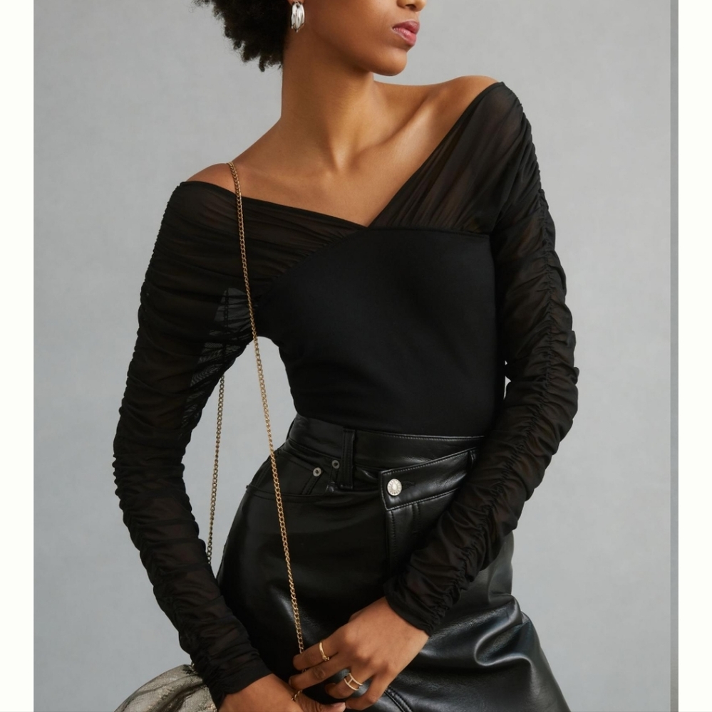 NWT Maeve by Anthropologie Shirred Mesh Top-Black